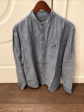 L.L. Bean Light Blue Chambray Mandarin Collar Button-Up
